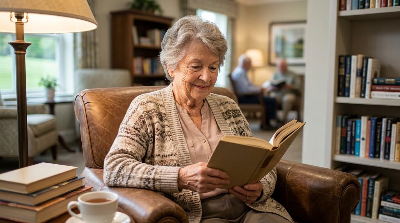 An adult sits in a cozy chair, reading a book in senior living community.