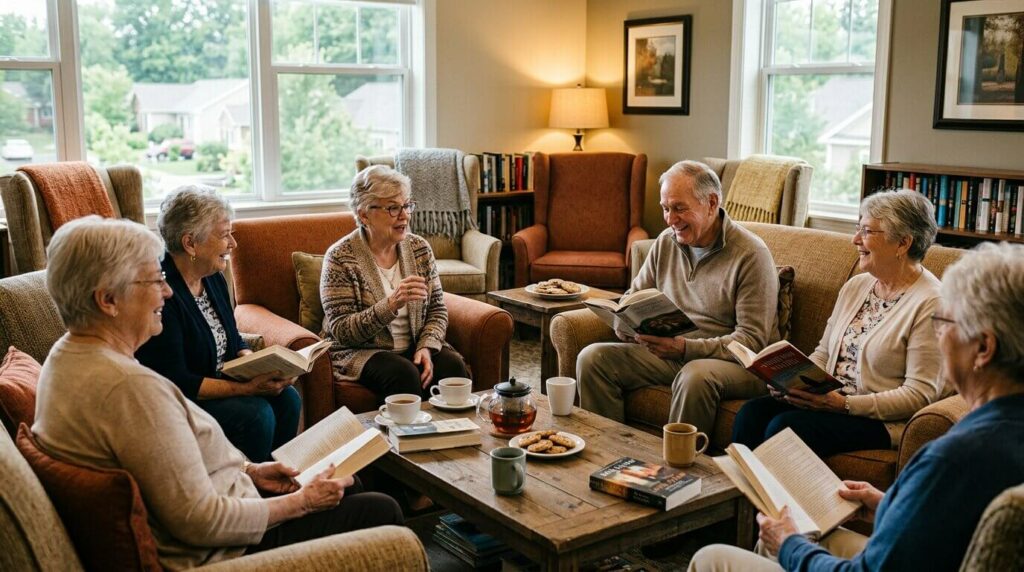 Seniors in a book club reading and laughing together in a comfortable shared lounge, holding books.