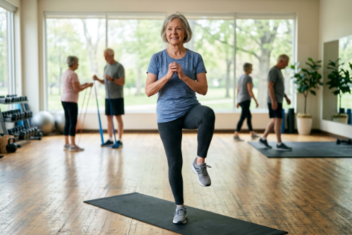 Senior woman doing balance exercise on yoga mat in gym class with other older adults using resistance bands