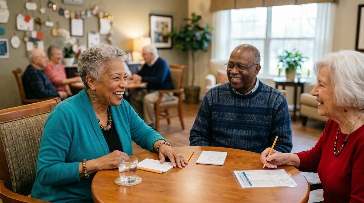 Older adults laughing together over a trivia game in a bright, welcoming senior living community common area.