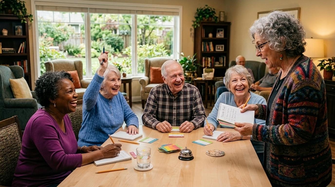 Friends laughing and engaged in a lively trivia game together in a bright, welcoming common room.